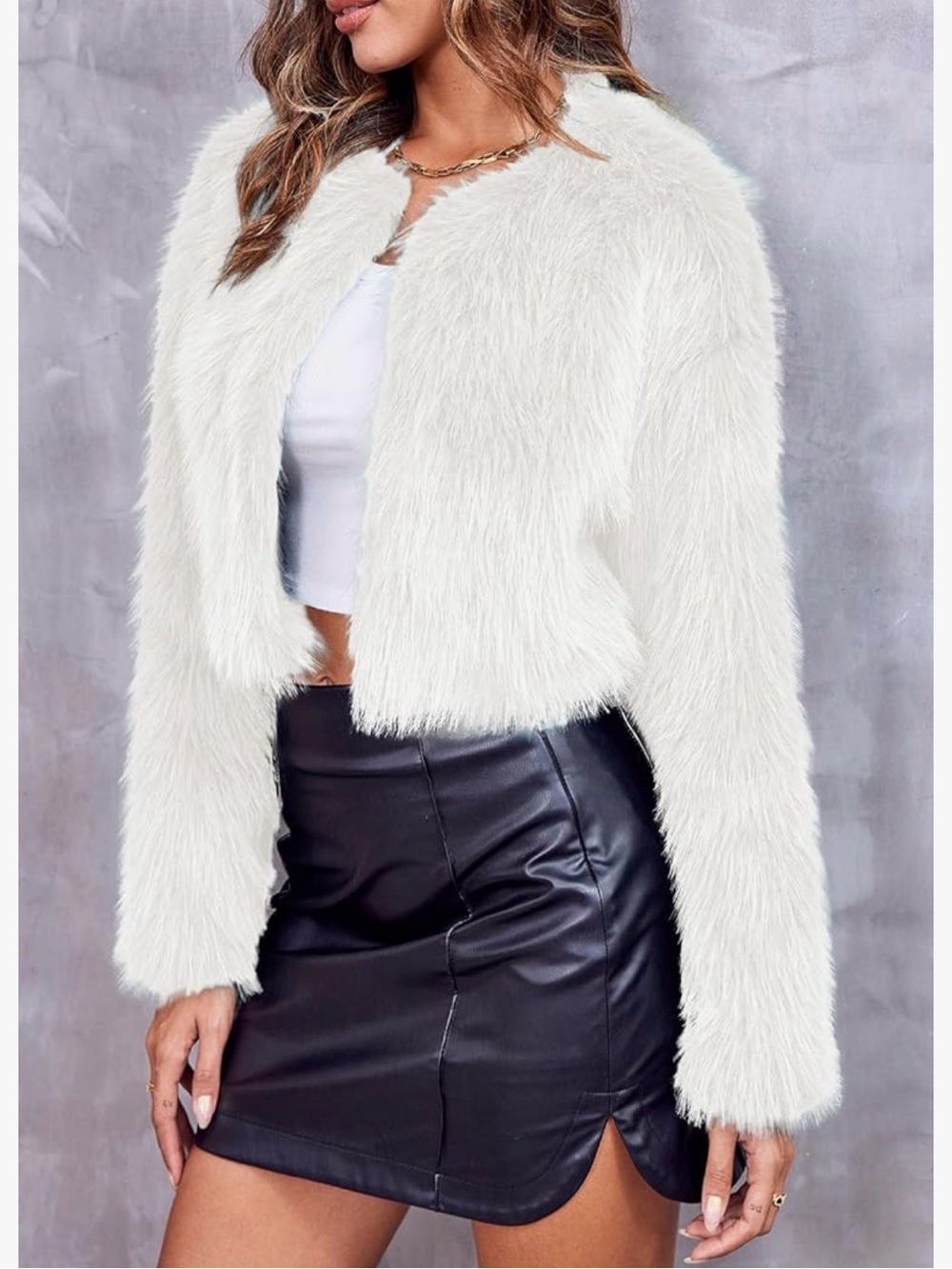 White Faux Fur Teddy Jacket - Women's Cropped Shaggy Coat - Picture 2 of 4
